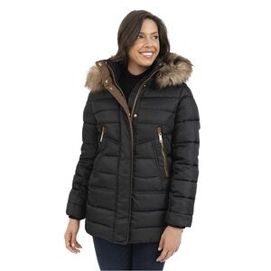 Nine Wedt Medium Women's Black Puffer Jacket with Faux Fur Trim